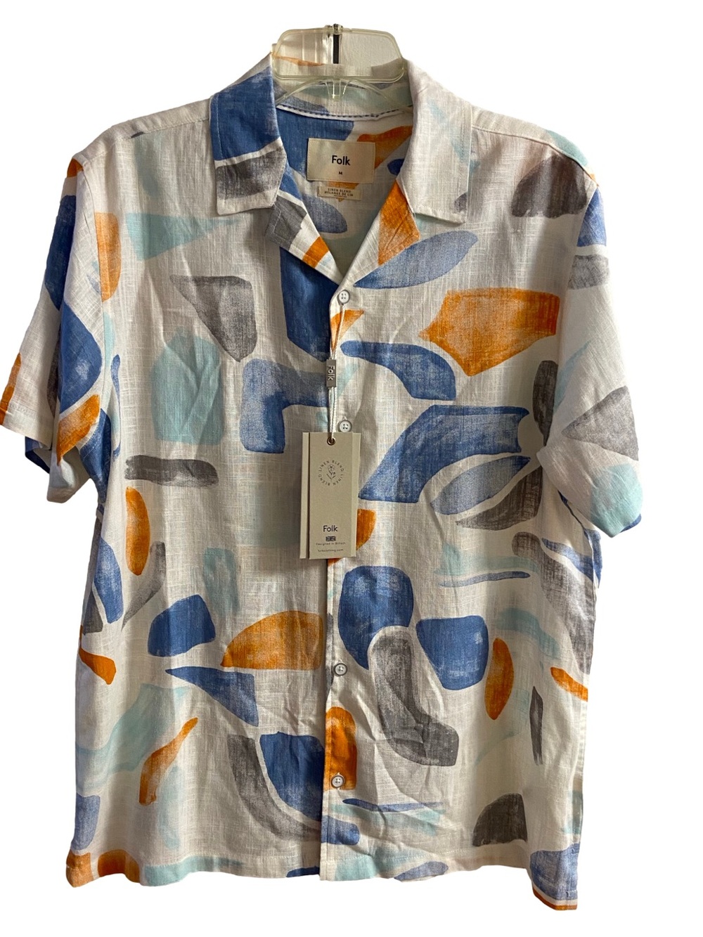 Folk Men's Abstract Art Print Linen Blend Short Sleeve Camp Collar Shirt Med NWT